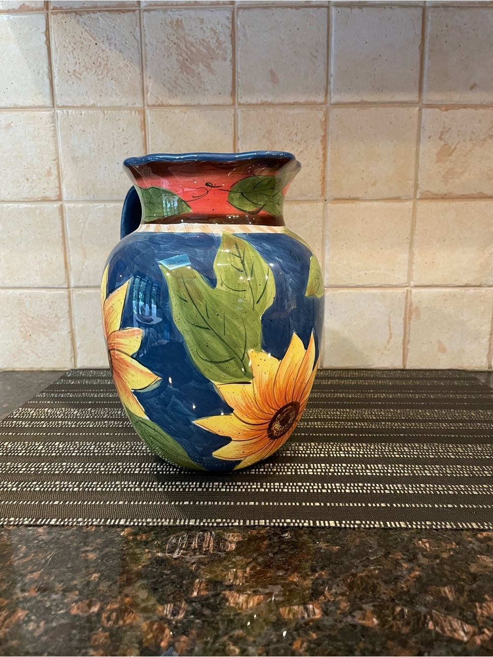 Jay Import Co. Vintage Stoneware Sunflower Pitcher, Cobalt Blue, Large Capacity - Picture 4 of 11